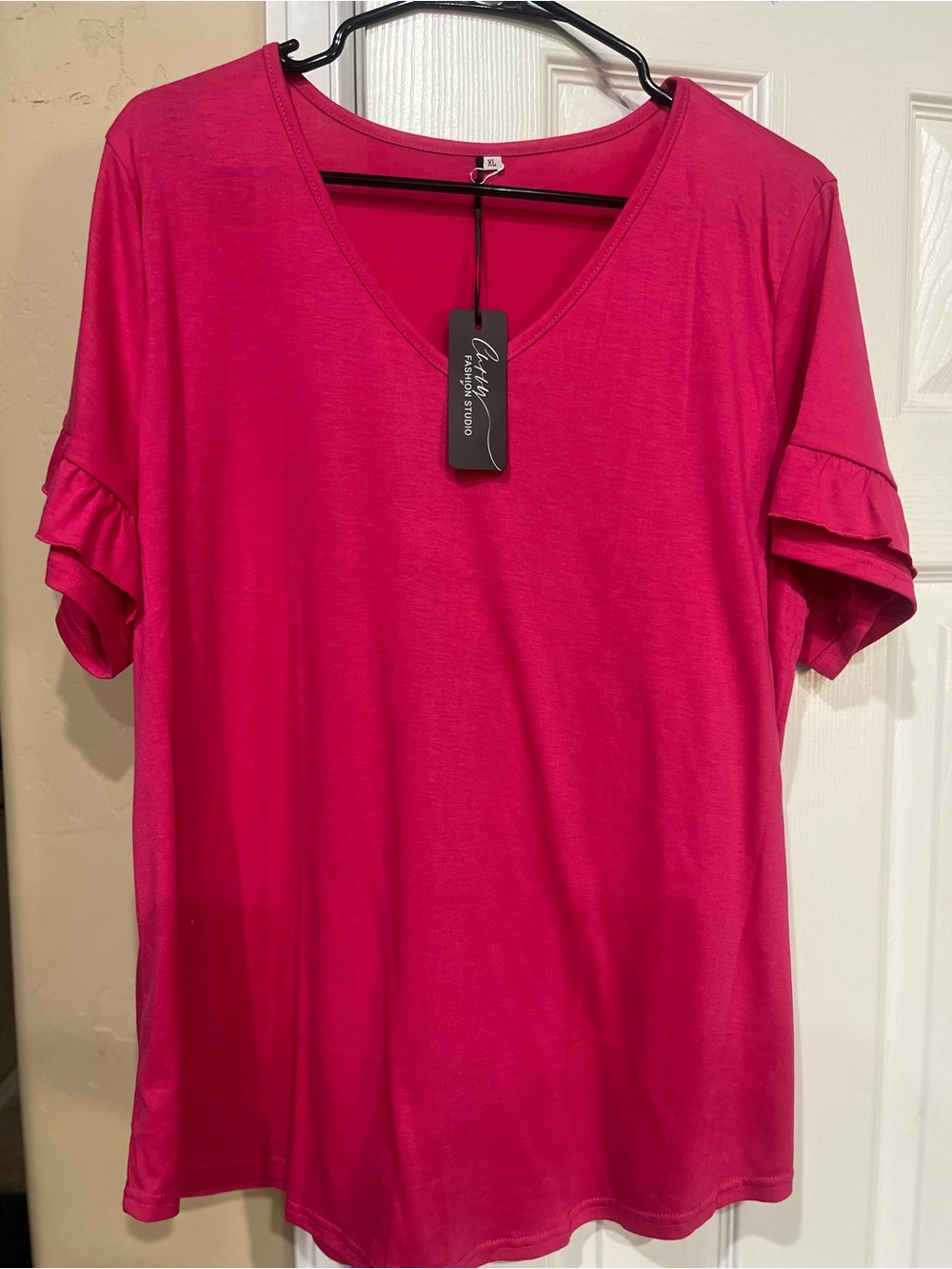 Women's V-Neck Ruffle Sleeve Top - Hot Pink